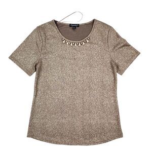 Chances R Shimmery Top Gold Metallic Faux Pearls Rhinestones Stretch Size SP